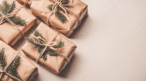 Simple, eco-friendly wrapped gifts with greenery and twine, arranged on a light background. The natural light emphasizes the clean and sustainable holiday aesthetic