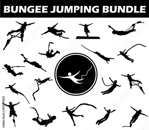 Bungee Jumping Silhouette Bundle | Collection of Bungee Jumping Players with Logo and Bungee Jumping Equipment