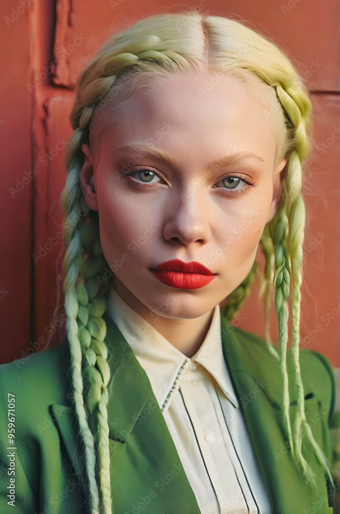Portrait of beautiful female model, white green braids and eyes, fashion and lifestyle, diversity, people background