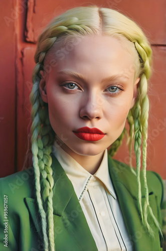 Obraz na płótnie Portrait of beautiful female model, white green braids and eyes, fashion and lifestyle, diversity, people background w salonie