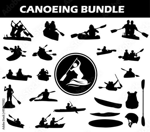 Canoeing Silhouette Bundle | Collection of Canoeing Players with Logo and Canoeing Equipment