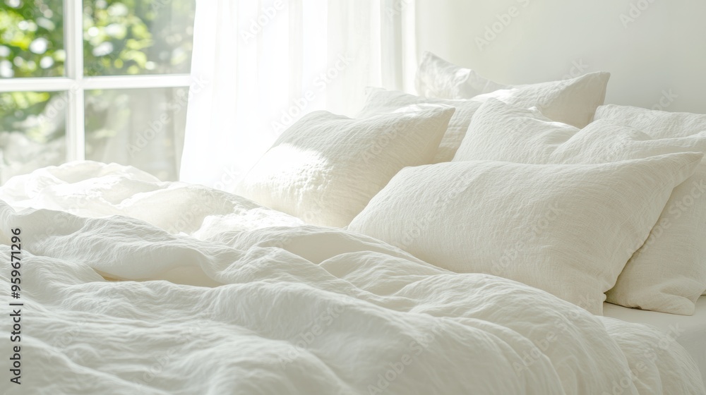 Soft white bed with fluffy pillows and sunlight streaming through the window, creating a warm, cozy atmosphere. Minimalist and serene morning bedroom scene. Soft white bed with fluffy pillows and sunlight streaming through the window, creating a warm, cozy atmosphere. Minimalist and serene morning bedroom scene.