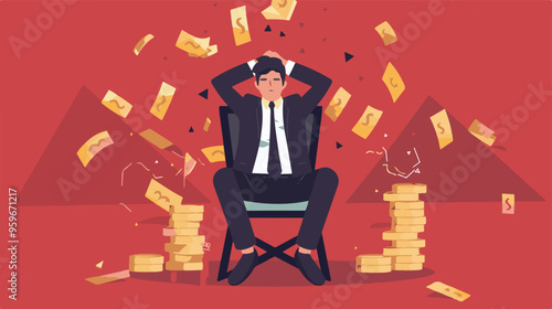 Failed stressed businessman lost money from stock trading in flat design. Negative profit investment concept. Bankruptcy.