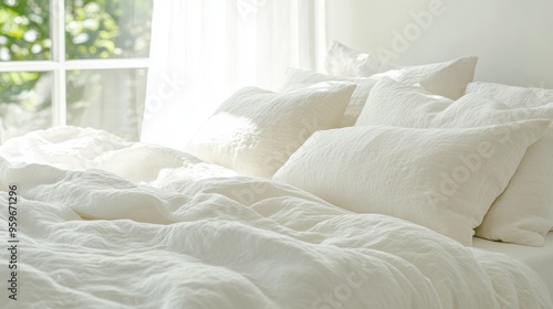 Soft white bed with fluffy pillows and sunlight streaming through the window, creating a warm, cozy atmosphere. Minimalist and serene morning bedroom scene.