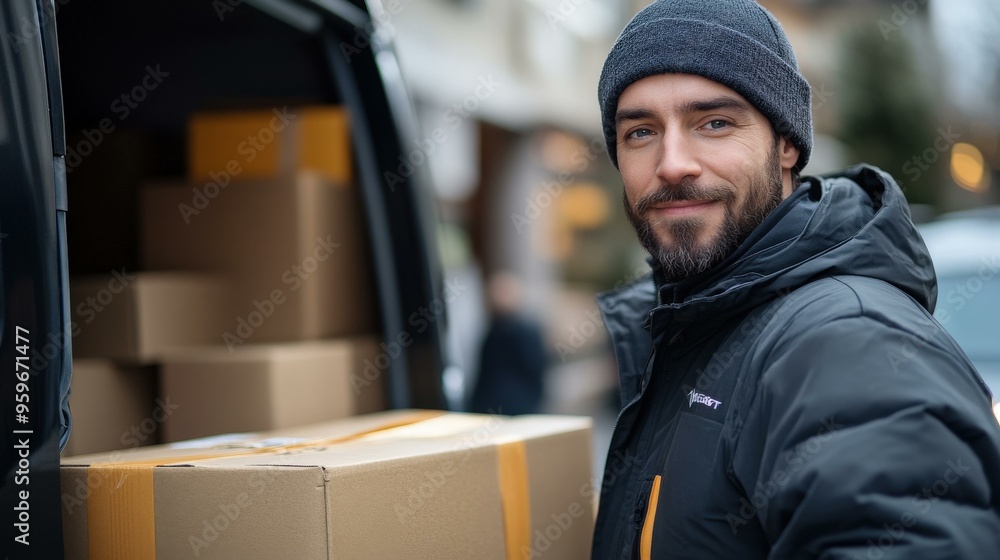 Delivery Man Smiling Near Van with Packages Delivery Man Smiling Near Van with Packages