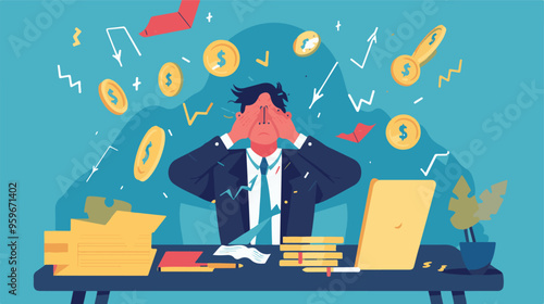 Failed stressed businessman lost money from stock trading in flat design. Negative profit investment concept. Bankruptcy.