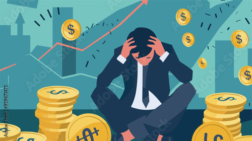 Failed stressed businessman lost money from stock trading in flat design. Negative profit investment concept. Bankruptcy.