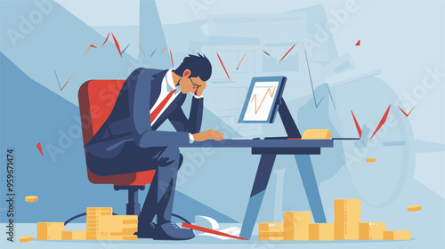Failed stressed businessman lost money from stock trading in flat design. Negative profit investment concept. Bankruptcy.