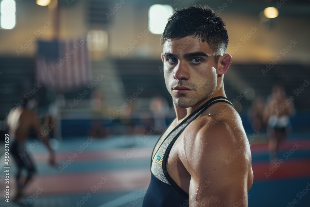 Determined wrestler in gymnasium setting with focused expression AI Determined wrestler in gymnasium setting with focused expression AI