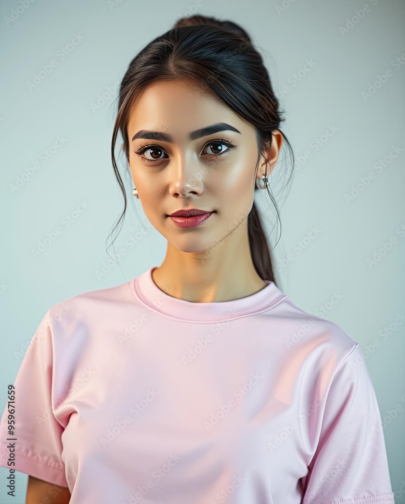 Portrait of beautiful girl model smiling in pink plain t-shirt mockup Portrait of beautiful girl model smiling in pink plain t-shirt mockup