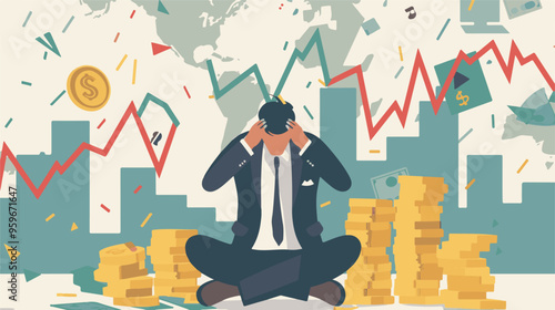 Failed stressed businessman lost money from stock trading in flat design. Negative profit investment concept. Bankruptcy.