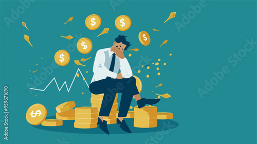 Failed stressed businessman lost money from stock trading in flat design. Negative profit investment concept. Bankruptcy.