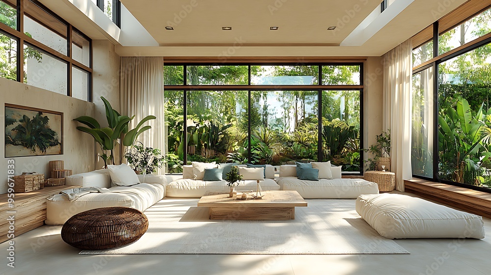 An ocean breeze-themed living room with light wood furniture, soft blue and teal accents, and flowing white curtains, An ocean breeze-themed living room with light wood furniture, soft blue and teal accents, and flowing white curtains,