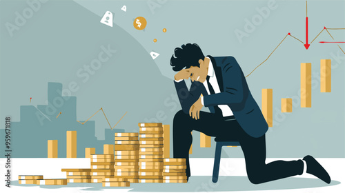 Failed stressed businessman lost money from stock trading in flat design. Negative profit investment concept. Bankruptcy.