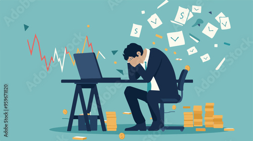 Failed stressed businessman lost money from stock trading in flat design. Negative profit investment concept. Bankruptcy.