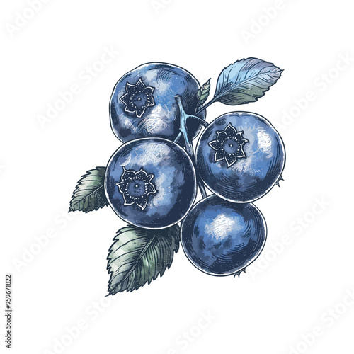 Detailed illustration of blueberries with leaves on branch. Vector illustration design.