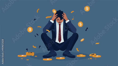 Failed stressed businessman lost money from stock trading in flat design. Negative profit investment concept. Bankruptcy.