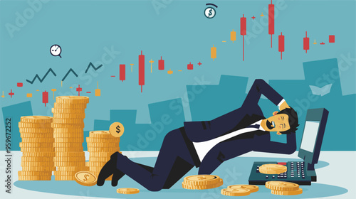 Failed stressed businessman lost money from stock trading in flat design. Negative profit investment concept. Bankruptcy.