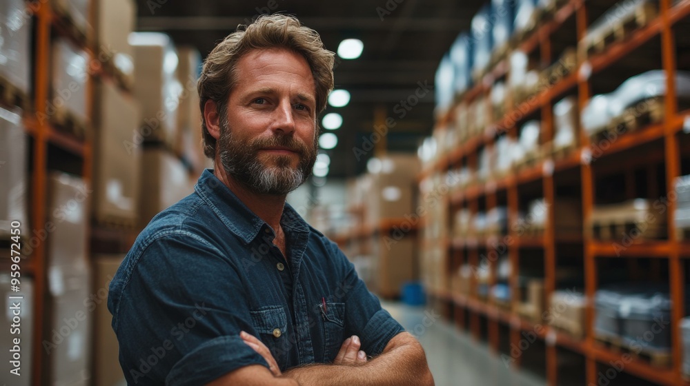 Confident Man Standing in Warehouse - Business, Work, Success Confident Man Standing in Warehouse - Business, Work, Success