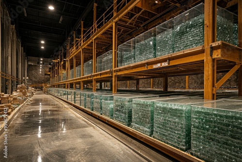 Glass Blocks Stored on Wooden Racks in a Warehouse