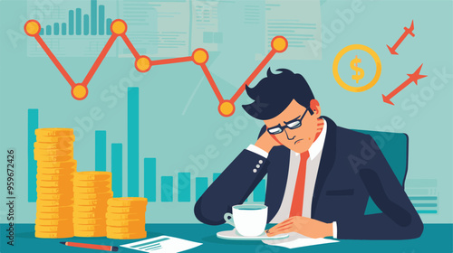 Failed stressed businessman lost money from stock trading in flat design. Negative profit investment concept. Bankruptcy.
