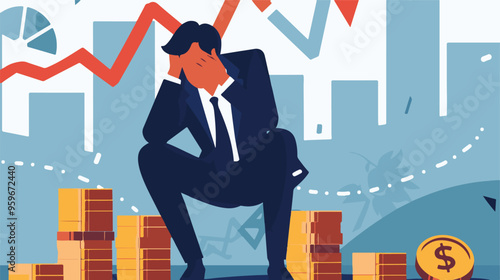 Failed stressed businessman lost money from stock trading in flat design. Negative profit investment concept. Bankruptcy.
