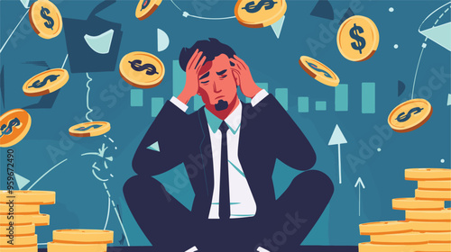 Failed stressed businessman lost money from stock trading in flat design. Negative profit investment concept. Bankruptcy.