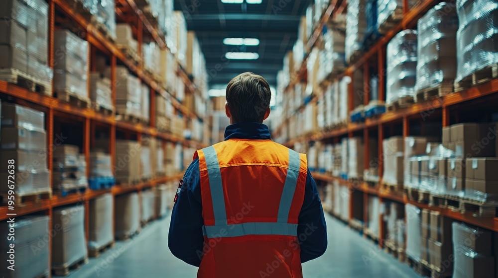 Warehouse Worker In Safety Vest Standing Between Shelves Warehouse Worker In Safety Vest Standing Between Shelves