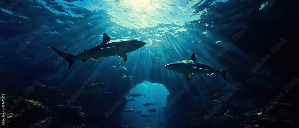 Fototapeta premium A breathtaking underwater scene featuring majestic sharks swimming gracefully through sunlit waters.