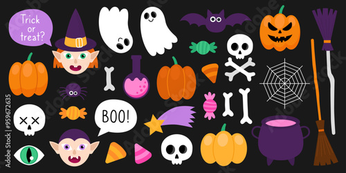 Collection of magical Halloween illustrations. Cute cartoon elements for Halloween design. Witch, vampire, cat, pumpkins, ghost, bat, spider, skull, bones, broom, cauldron, candy, star, web, potion.