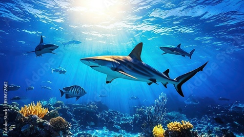 Wallpaper Mural A breathtaking underwater scene featuring a variety of sharks swimming gracefully among vibrant coral reefs. Torontodigital.ca