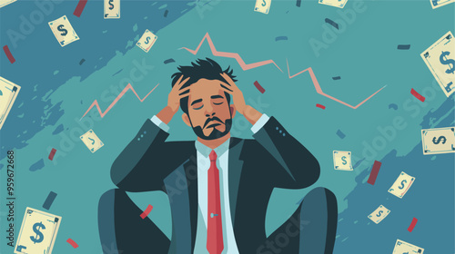 Failed stressed businessman lost money from stock trading in flat design. Negative profit investment concept. Bankruptcy.