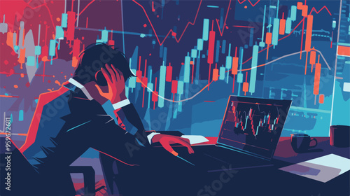 Failed stressed businessman lost money from stock trading in flat design. Negative profit investment concept. Bankruptcy.