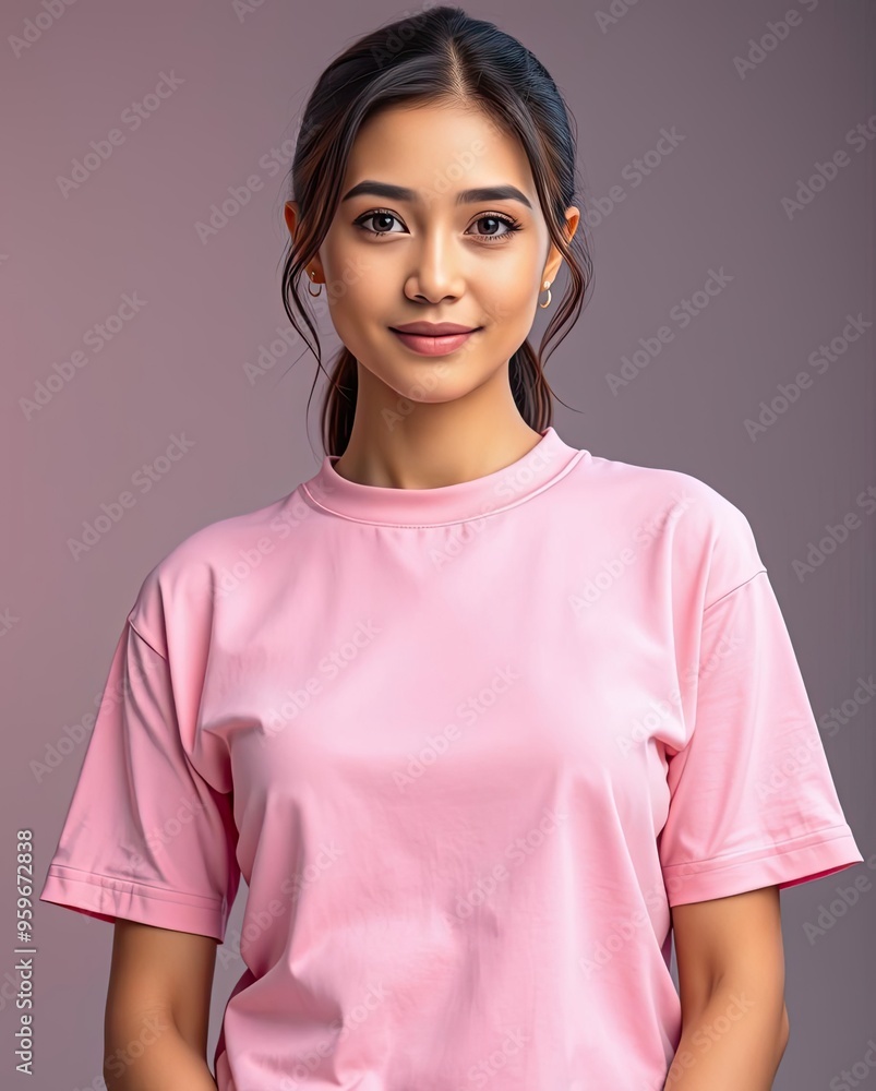 Portrait of beautiful girl model smiling in pink plain t-shirt mockup Portrait of beautiful girl model smiling in pink plain t-shirt mockup