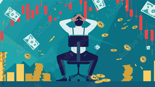 Failed stressed businessman lost money from stock trading in flat design. Negative profit investment concept. Bankruptcy.