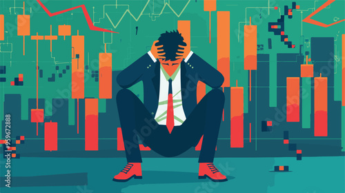 Failed stressed businessman lost money from stock trading in flat design. Negative profit investment concept. Bankruptcy.