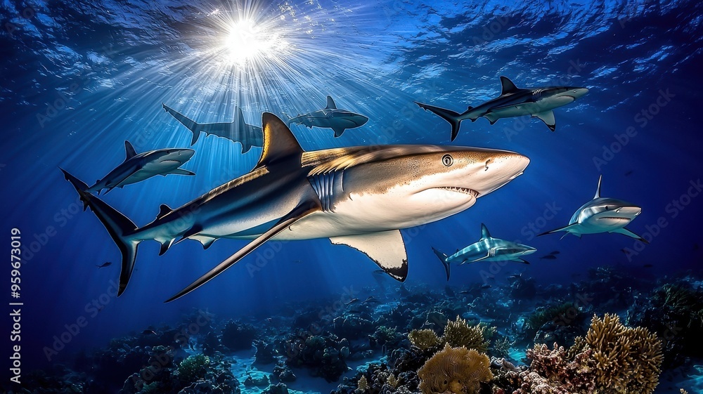 Fototapeta premium A majestic shark glides through crystal-clear waters, surrounded by a vibrant underwater ecosystem and shimmering sunlight.