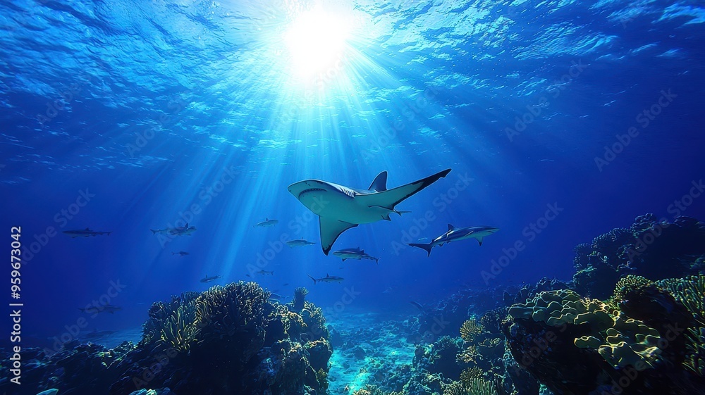 Fototapeta premium A majestic shark glides through crystal-clear waters, illuminated by bright sun rays. An underwater paradise awaits exploration.
