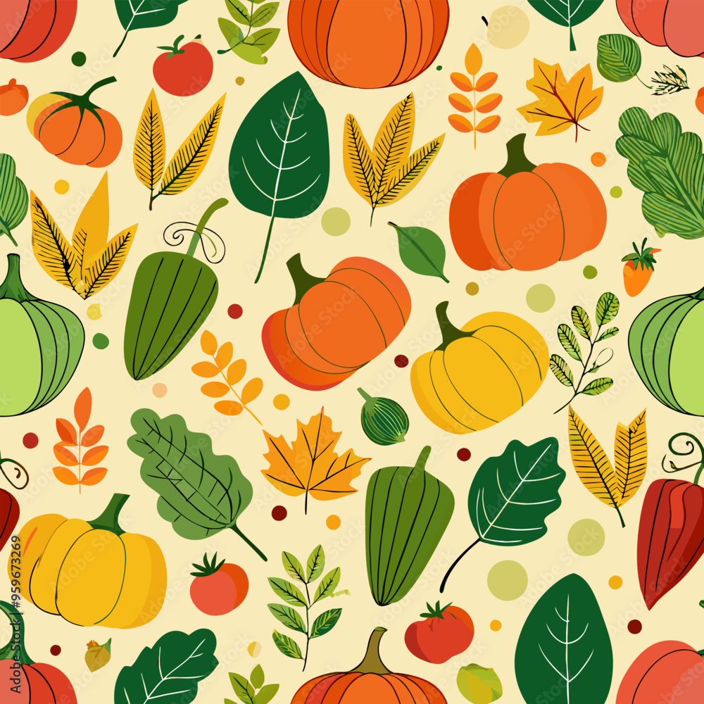 Seamless autumn pattern of vegetables, pumpkins, corn, peppers and falling leaves. Seamless autumn pattern of vegetables, pumpkins, corn, peppers and falling leaves.