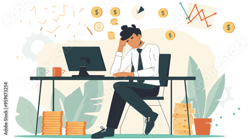 Failed stressed businessman lost money from stock trading in flat design. Negative profit investment concept. Bankruptcy.