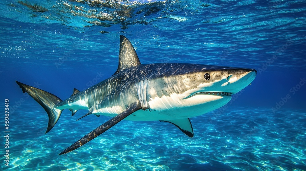 Fototapeta premium A majestic shark swims gracefully in clear blue waters, showcasing the beauty of marine life and ocean ecosystems.