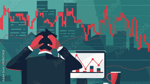 Failed stressed businessman lost money from stock trading in flat design. Negative profit investment concept. Bankruptcy.