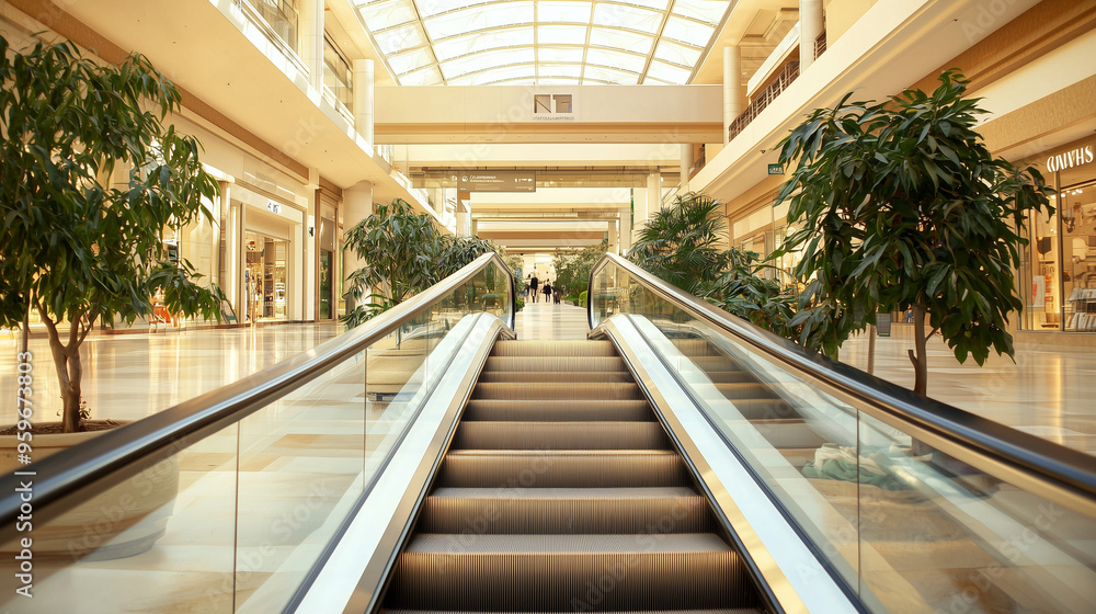 escalator in a vibrant shopping mall, highlighting the sleek urban architecture and retail dynamics. The natural colors and lively hues enhance the visual appeal of the bustling at escalator in a vibrant shopping mall, highlighting the sleek urban architecture and retail dynamics. The natural colors and lively hues enhance the visual appeal of the bustling at
