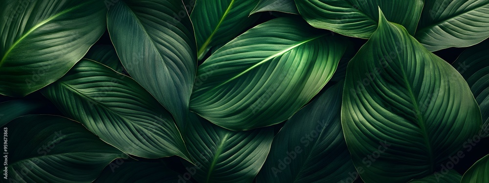 Abstract texture of large green leaves, a dark nature background, a banner for a garden design concept, with copy space.
Abstract texture of large green leaves, a dark nature background, a banner for a garden design concept, with copy space.