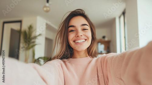 Joyful young woman posing for a selfie with the key to her new apartment, showing her happiness and excitement about moving into her new place. photo