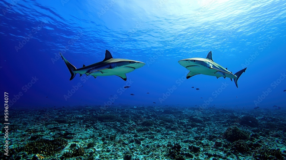 Obraz premium Two majestic sharks swim gracefully in a vibrant blue ocean, showcasing the beauty of marine life and underwater ecosystems.