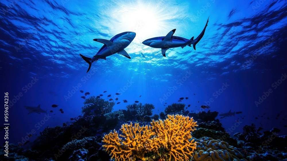 Fototapeta premium Two sharks swim gracefully above vibrant coral in a stunning underwater scene, showcasing the beauty of marine life.
