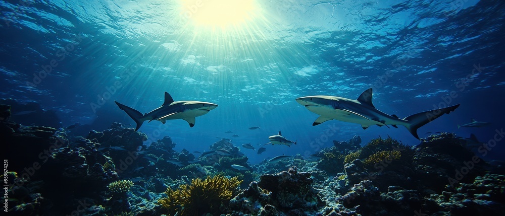 Obraz premium Underwater scene featuring majestic sharks swimming peacefully among vibrant coral and sunlit waters, showcasing marine beauty.