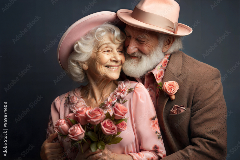 Elderly couple in pink attire sharing a loving moment with roses. Elderly couple in pink attire sharing a loving moment with roses.