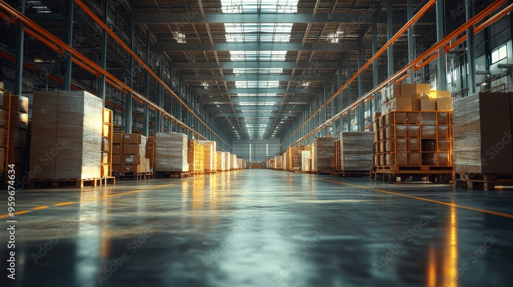 Warehouse Interior with Cardboard Boxes on Pallets Warehouse Interior with Cardboard Boxes on Pallets